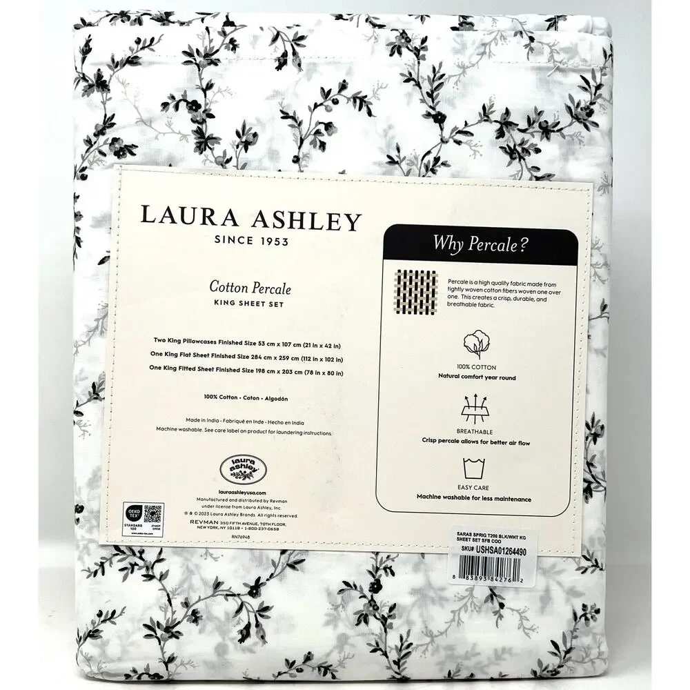 Laura Ashley Percale Cotton KING Sheet Set BLACK White SARAHS SPRIG 4 Pcs. NWT